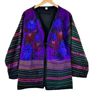 Vintage 70s Baja Jacket Embroidered Guatamalan Coat Colorful Floral Stripes | XL